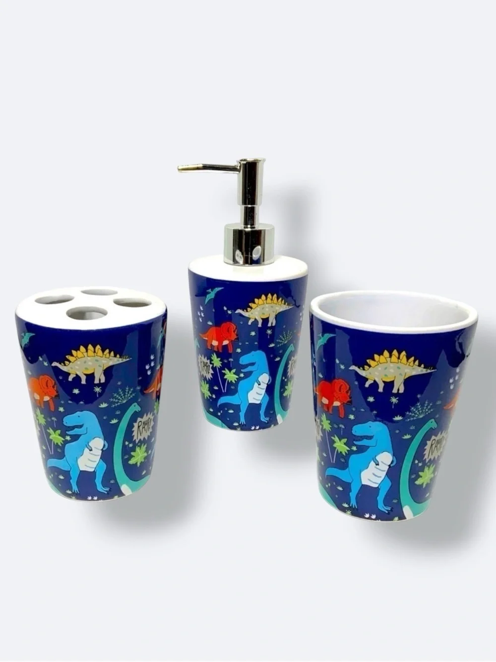 Dinosaur Bath Accessories Kids Colorful Ceramic by Matt & Maddie Blue 3 Pieces